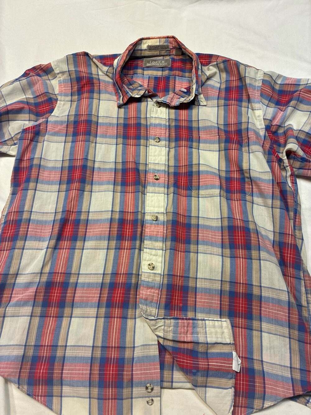 Vintage Loft & Brownstone Plaid Short Sleeve Button Down Shirt Mix Cotton Blend
